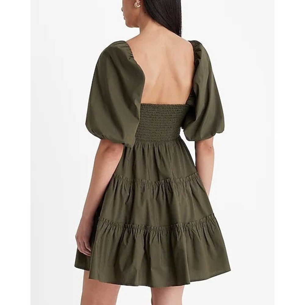 Express Women's V-Neck Puff Sleeve Cutout Tiered Mini Dress‎ - Olive Green - XL
